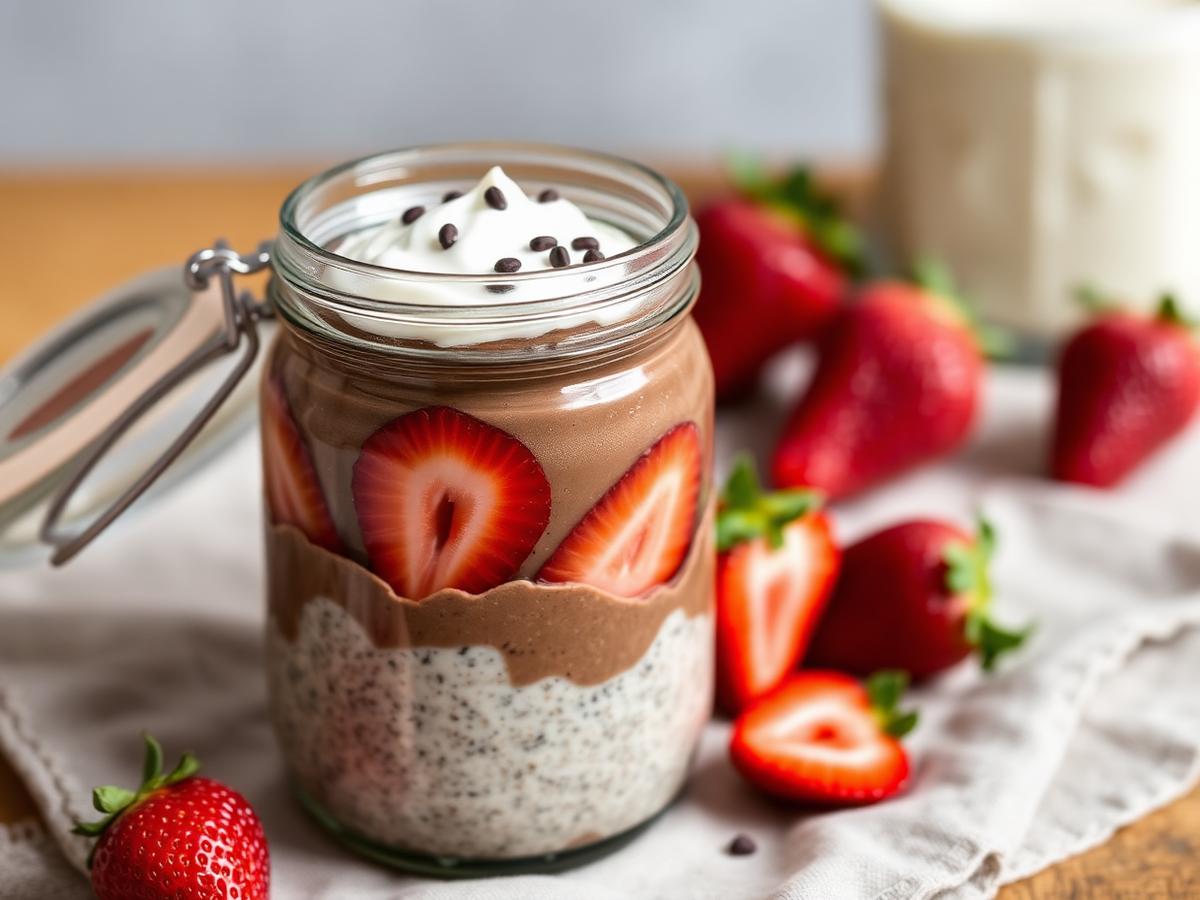 Overnight oats de morango com chocolate
